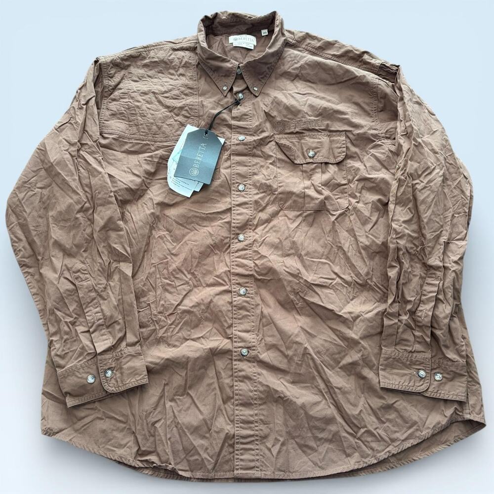 Beretta Shirt Mens 3XL Brown Hunting Shooting Padded Shoulder Button Front Logo